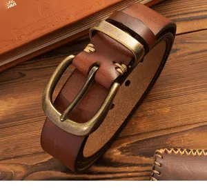 Vintage genuine leather men's belt with antique brass pin buckle and handmade stitching detail