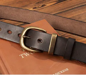 Retro genuine leather men's belt detail view, thick cowhide with vintage metal buckle.