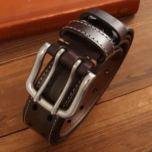 Classic men's brown leather belt with double pin buckle and neat stitching for casual wear.
