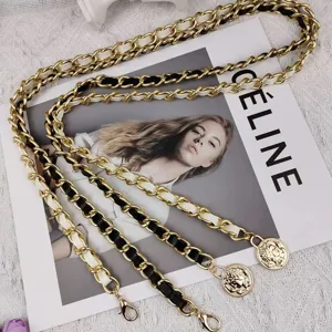 Chanel style gold and leather interwoven waist chain elegant belt for women dress 2025 new