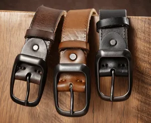 Casual men genuine cowhide leather belt with vintage metal pin buckle, multiple colors for option.