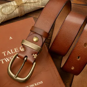 Retro Minimalist Top Layer Cowhide Men S Belt Pure Copper Pin Buckle Handmade Genuine Leather Casual Waist Belt