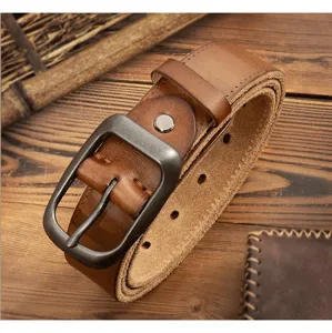Casual brown leather belt for men with vintage metal pin buckle, durable top layer cowhide.