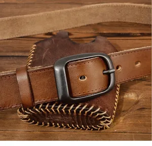 Vintage genuine cowhide leather belt for men with sturdy metal pin buckle and neat stitching detail.