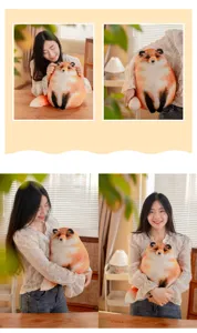Young woman hugging a soft round fox plush pillow toy in a cozy indoor home setting