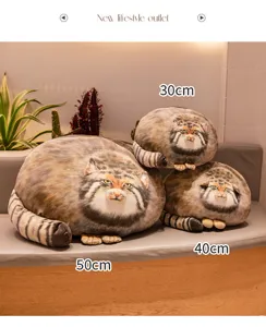 Pallas cat plush pillow detailed view, cute simulation animal cushion for sofa and home decor.