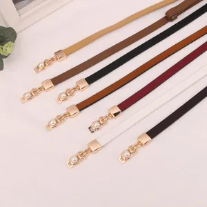 Women thin leather waist belt set with elegant pearl gold buckle multi color options dress accessory