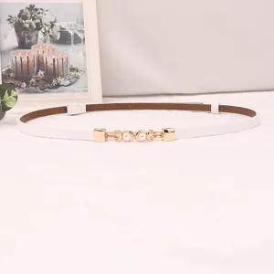 Thin white leather belt for women, elegant gold pearl buckle detail, stylish dress accessory.