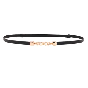 Women skinny belt for dress stylish black leather waist belt with gold pearl buckle design