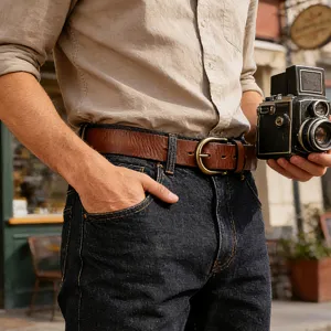 Retro genuine cowhide men belt with horseshoe buckle, casual leather waist belt for jeans.