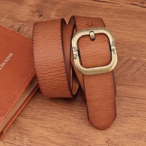 Vintage genuine leather belt for women with retro metal buckle casual jeans belt