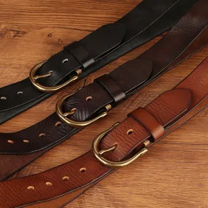 Classic men's genuine top layer cowhide leather belt with retro metal horseshoe buckle.