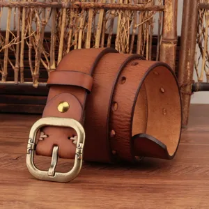 Handmade genuine leather vintage belt for women casual jeans retro style brass buckle