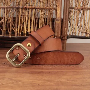 Vintage genuine leather belt for women, retro cowhide waist strap with metal pin buckle for jeans.