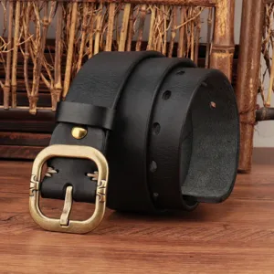 Handmade black genuine leather belt with vintage bronze buckle and stylish casual design.