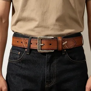 Vintage genuine leather belt for men with antique metal buckle and detailed contrast stitching.