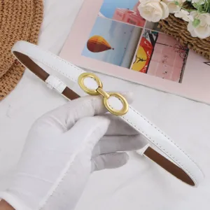 Elegant women white thin leather belt with vintage gold tone double ring buckle detail display.