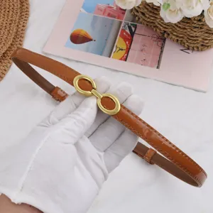 Women's Genuine Leather Thin Belt Retro Interlocking Buckle Glossy Waist Belt Elegant Fashion Dress Waistband