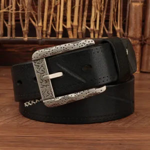 Retro genuine leather belt for men with vintage pin buckle, casual cowhide belt for jeans.