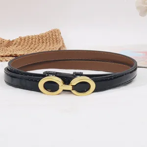 Women black patent leather thin belt with gold double loop metal buckle versatile elegant