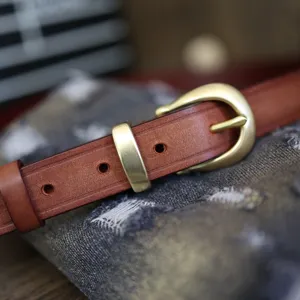 Retro genuine leather women belt with metal horseshoe buckle casual jeans strap vintage brown