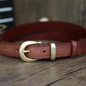 Retro genuine leather belt for women, vintage horseshoe buckle casual waist strap for jeans.