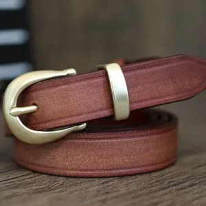 Retro genuine leather women belt with brass horseshoe buckle casual vintage style main image