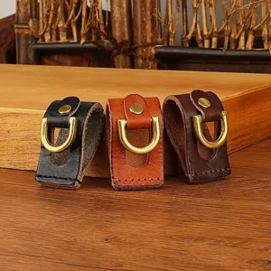 Handcrafted genuine leather belt key holder loop with metal D-ring and snap button for men.