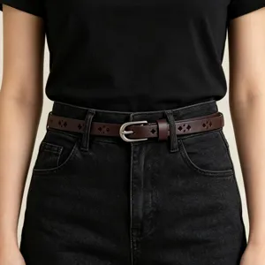 Thin brown leather belt with hollow design and silver buckle, perfect for vintage jeans and skirts.
