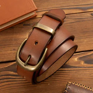 Vintage genuine leather men's belt with solid brass pin buckle and thick casual design.
