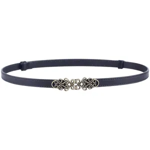 Womens vintage thin black leather belt with delicate light gold alloy buckle fashion accessory