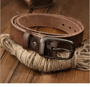 Detailed close-up view of genuine leather retro pin buckle casual belt for men and women.