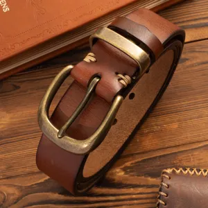 Retro minimalist top layer cowhide men's belt with pure brass pin buckle and thick genuine leather.