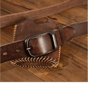 Vintage brown genuine leather belt with pin buckle and pouch for casual men daily wear.