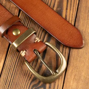 Men's retro top layer cowhide leather belt with solid brass pin buckle casual vintage style
