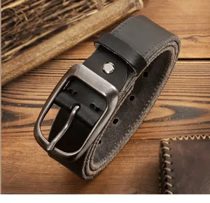 Men's vintage genuine leather belt with classic pin buckle casual waistband black