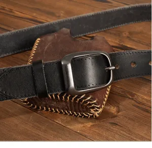 Vintage black genuine leather belt for men with classic metal pin buckle casual design