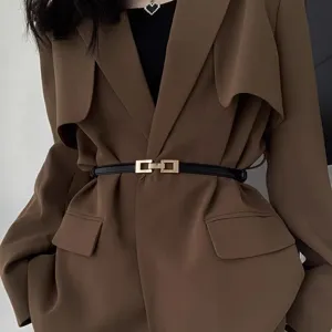 Women thin leather belt stylish waist accessory for dresses and suits with metal buckle black