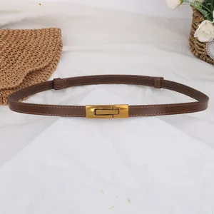 Dettaglio della sottile cintura in pelle marrone con fibbia metallica dorata elegante.