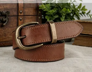 Detailed view of a vintage brown genuine leather women's belt with brass buckle and stitching.