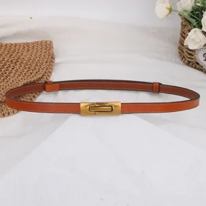 Sottile cintura in pelle marrone da donna con fibbia in metallo dorato, elegante accessorio vita.