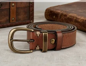Women vintage genuine leather belt with brass buckle casual retro cowhide waist accessory.