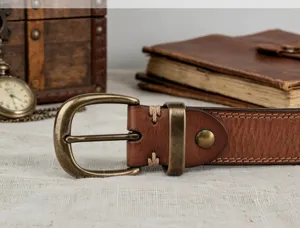 Vintage women's genuine leather belt with brass buckle and fine stitching casual wear