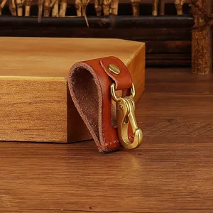 Brown leather belt loop key holder with brass metal snap hook vintage key chain clip accessory