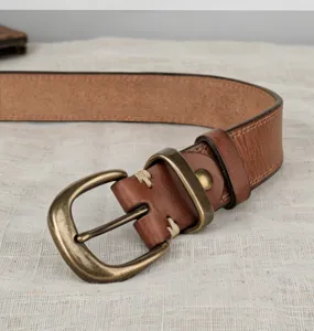 Vintage genuine leather belt for women with retro brass buckle casual waist strap