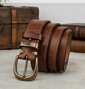 Vintage women's genuine leather belt with retro brass buckle casual daily wear accessory