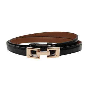 Stylish women's black patent leather thin belt featuring a chic gold geometric metal buckle for dresses