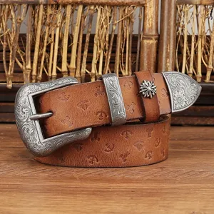 Retro Genuine Leather Embossed Pin Buckle Belt Carved Metal Alloy Decoration Unisex Casual Western Waist Belt