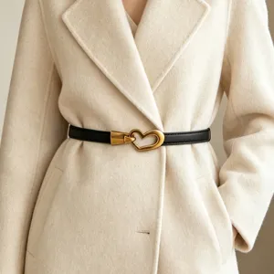 Women Thin Genuine Cowhide Leather Belt Fashion Heart Shaped Metal Buckle Dress Sweater Coat Waistband
