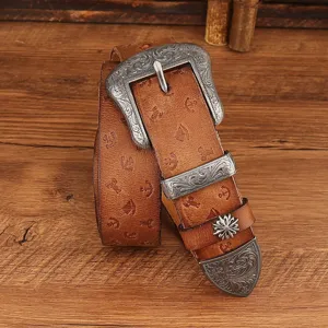 Retro genuine leather belt with carved silver metal buckle and embossed anchor motifs.